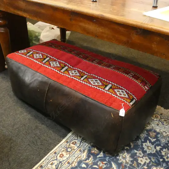 LARGE KELIM TOPPED LEATHER REFECTORY POUF W. 1000 X D. 540 X H. 360MM