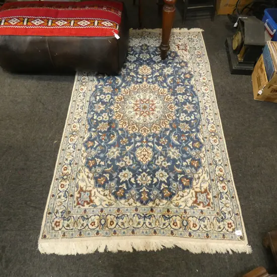 LARGE BLUE HAND WOVEN PALE WOOL PILE RUG...