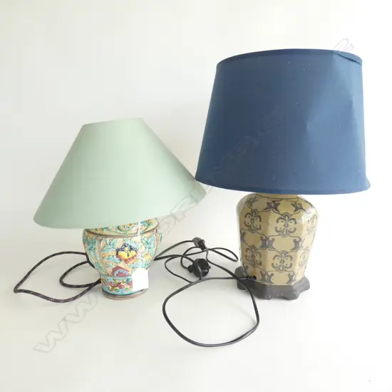2 CERAMIC LAMPS; BLUE SHADES H.430mm