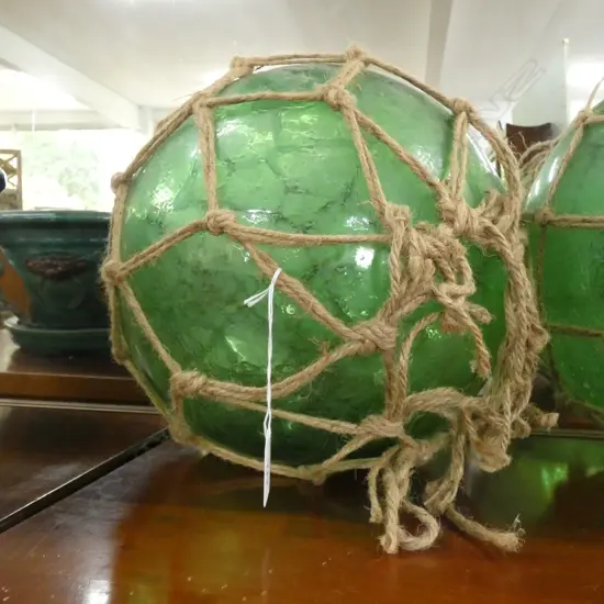 OLD GREEN GLASS FISHING FLOAT JUTE NETTING 270mm dia