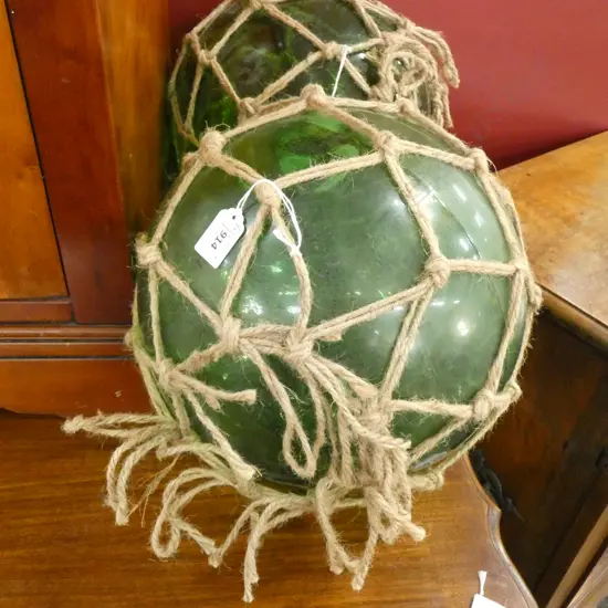 OLD GREEN GLASS FISHING FLOAT JUTE NETTING 270mm dia