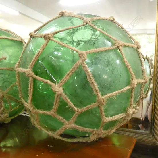 OLD GREEN GLASS FISHING FLOAT JUTE NETTING 270mm dia