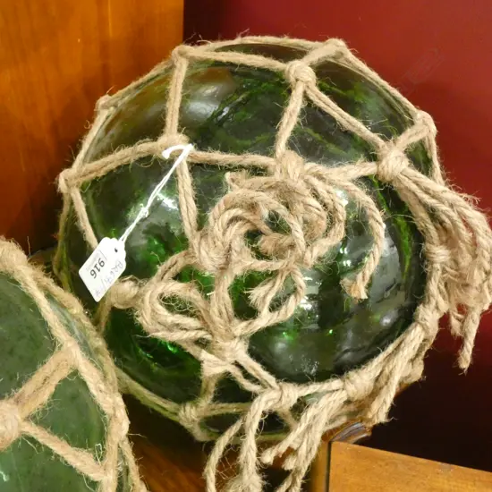OLD GREEN GLASS FISHING FLOAT JUTE NETTING 270mm dia