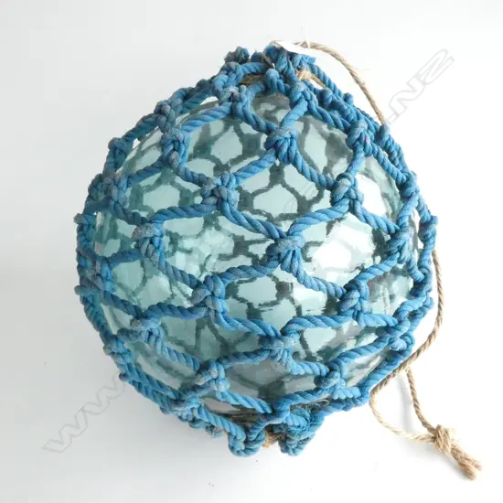 OLD GLASS LARGE FISHING FLOAT BLUE NETTING Dia.340mm