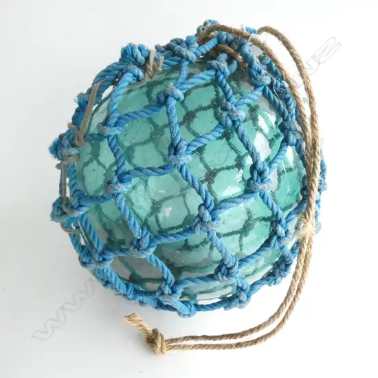 OLD GLASS LARGE FISHING FLOAT BLUE NETTING Dia.340mm