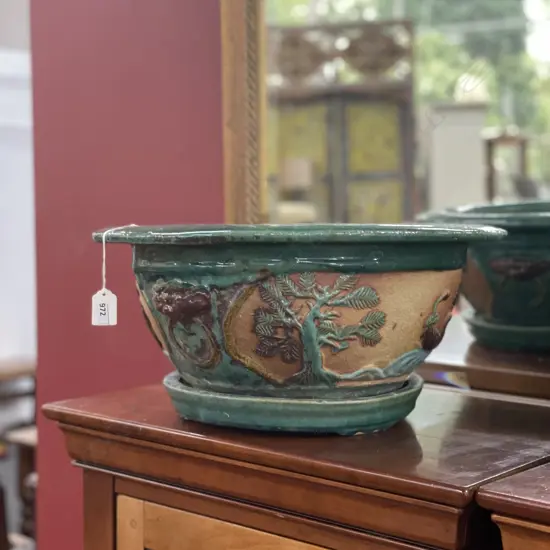 OLD CHINESE GLAZE SCENERY RELIEF POT PLANTER