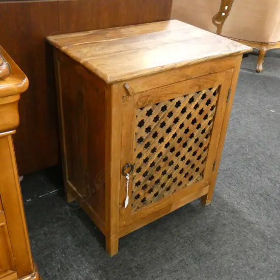 WOODEN BEDSIDE CABINET - 1 CUPBOARD - LATTICE WOOD DOOR  345 X 500 X 630MM