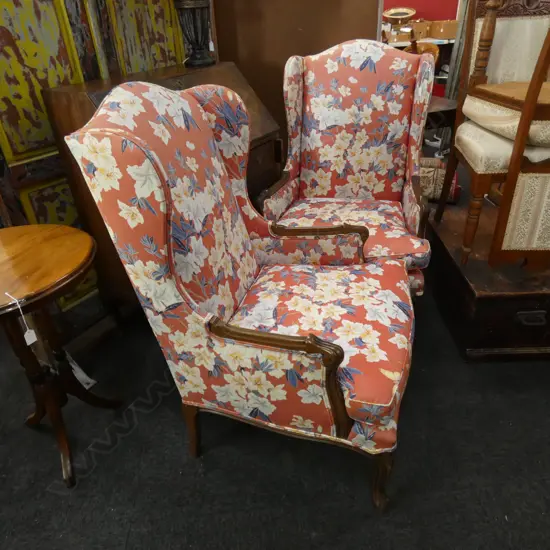 PR RED FLORAL UPHOLSTERED WING BACK CHAIRS