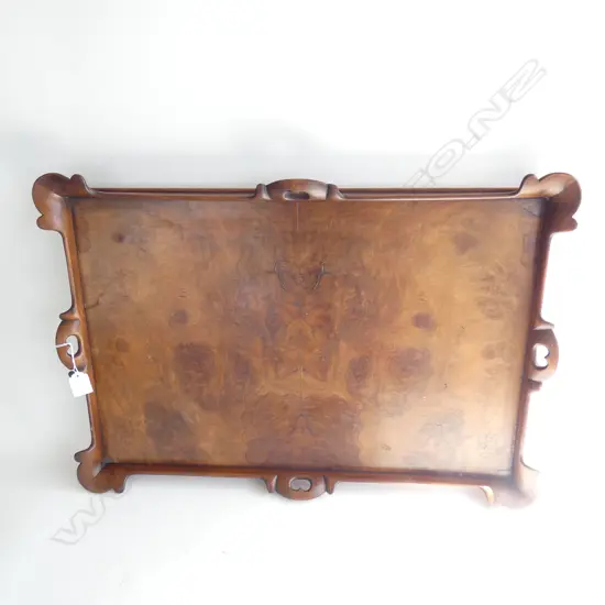 LG  VICTORIAN WALNUT BURR TRAY - SMOOTH SHAPED CARVED SIDES 650 X 450MM
