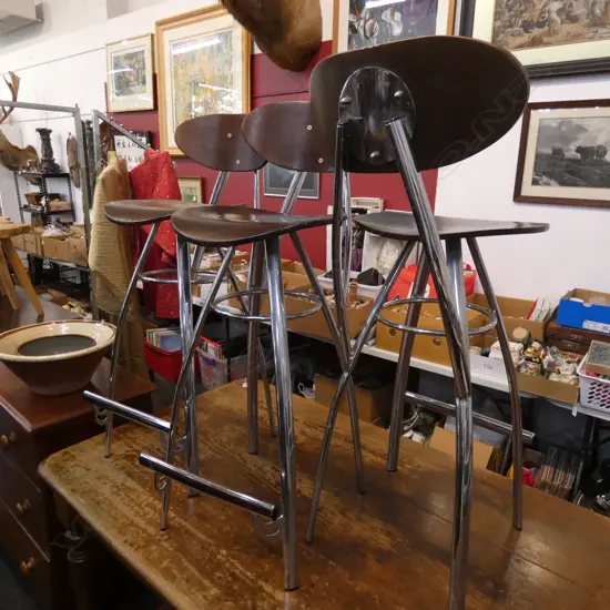 3 CONTEMPORARY DARK WOOD & CHROME KITCHEN STOOLS