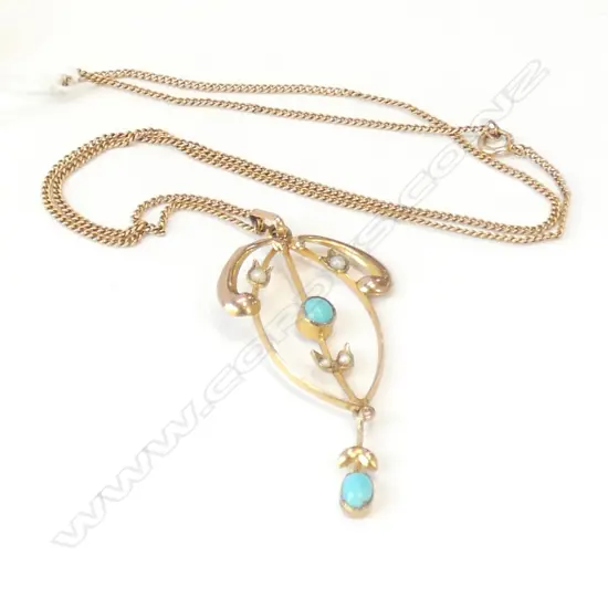 9CT GOLD CHAIN & TURQUOISE / GOLD & SEED PEARL PENDANT
