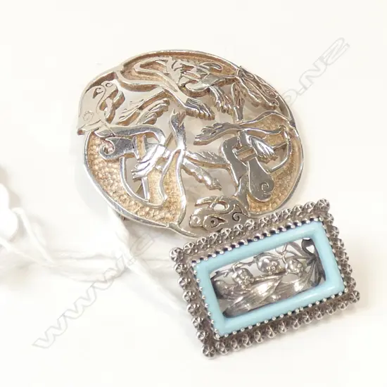 TWO VINTAGE STG SILVER BROOCHES  - ONE WITH DRAGONS DIA 40MM