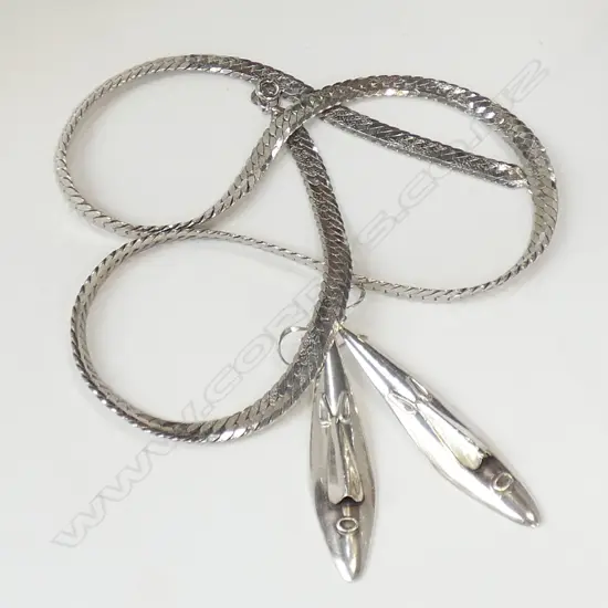 STG SILVER 'LONG FACE' EARRINGS MARKED 925 & UNMARKED MESH CHAIN NECKLACE