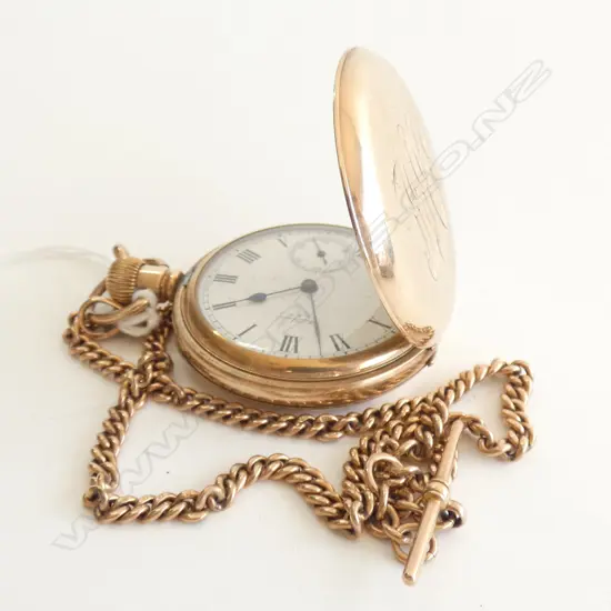 9CT GOLD CHAIN & GOLD PLATE ENGRAVED POCKET WATCH