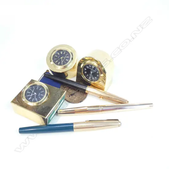 LOT ROYAL VISIT 53/54 MEDAL/3 FOUNTAIN PENS + 3 DESK CLOCKS