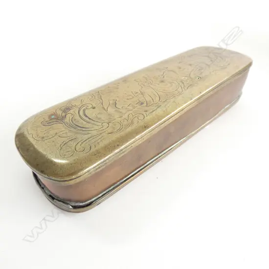 18TH C.  BRASS & COPPER ENGRAVED LIDDED TOBACCO TIN  L 157MM...