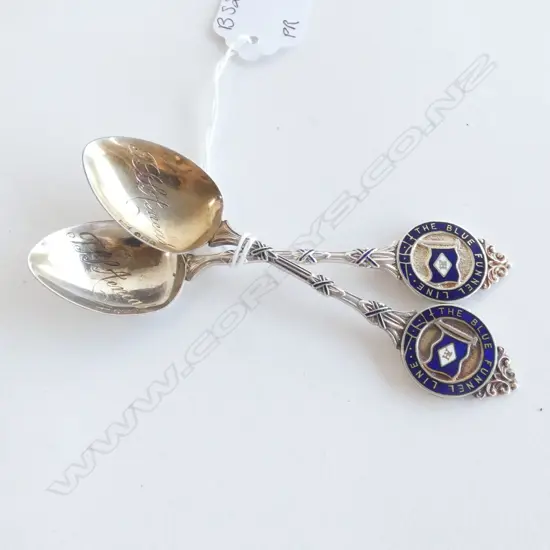 PR STG SILVER & ENAMEL BLUE FUNNEL LINES TEA SPOONS C1924/25 