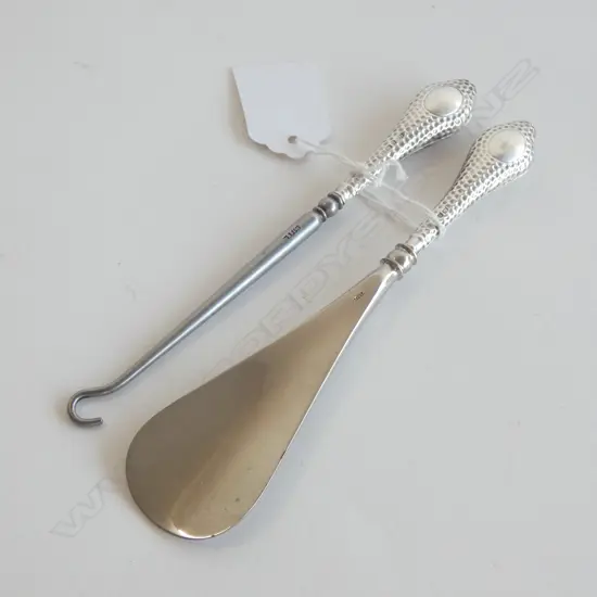 HAMMERED STG SILVER & STAINLESS STEEL SHOE HORN & HOOK BIRMINGHAM 1904
