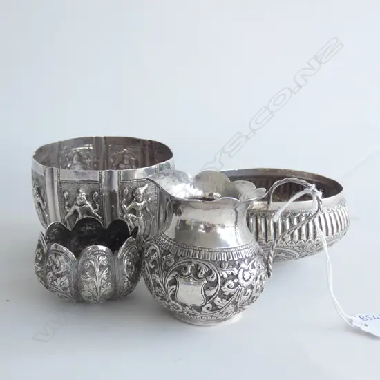 4 PCES ORIENTAL SILVER; 3 BOWLS 100mm dia & SMALL JUG