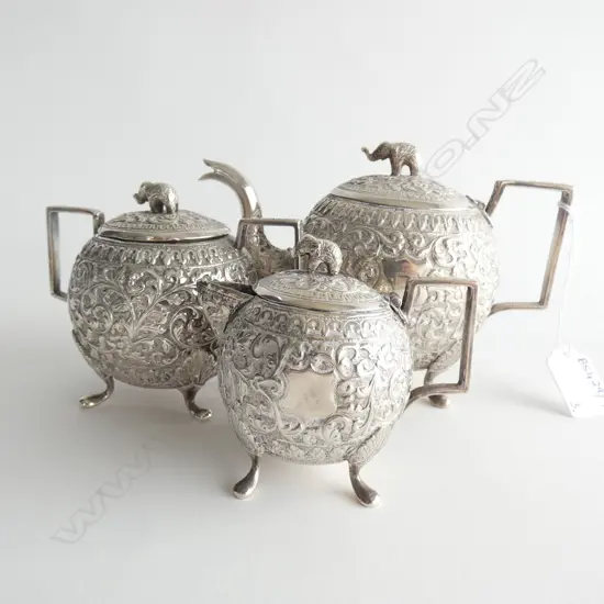 3 PCE ANGLO-INDIAN TEA SERVICE; TEAPOT, MILK & SUGAR STAMPED 'T85'