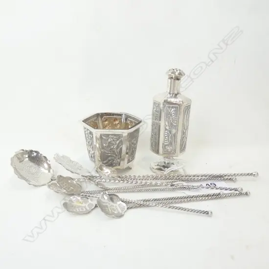 8 CHINESE SILVER? SPOONS + SALT & PEPPER 