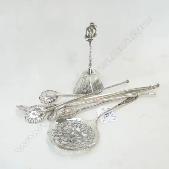 6 PARFAIT SPOONS + SIFTER & DUTCH SILVER BELL 
