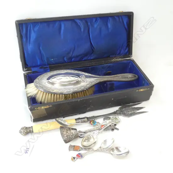 STG SILVER HAIR BRUSH, CASED + SILVER CUTLERY