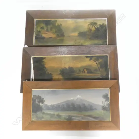 3 COLONIAL LANDSCAPE OILS; 2 H T GARRATT (DE RITZ) (1875-1953) AF + PAUL WREN 'MT EGMONT' 235x595mm