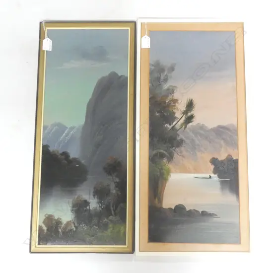 F. MAXWELL (H T GARRATT / DE RITZ) (1875-1953) 2 COLONIAL LANDSCAPE OILS; 'WANGANUI RIVER' & 'MANAPOURI' 580x240mm 