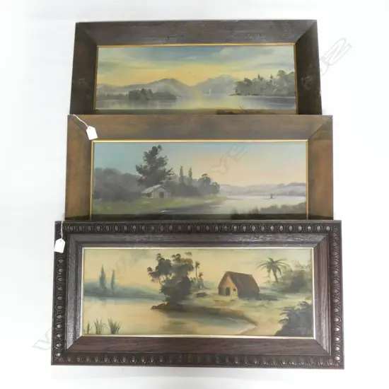 3 COLONIAL LANDSCAPE OILS; 2 PAUL WREN AF 'LAKE TE ANAU' & 'WAIKATO RIVER NEAR MERCER' + DE RITZ 'EVENING' 230x615mm