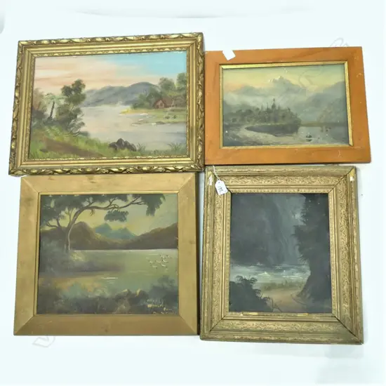 4 COLONIAL LANDSCAPE OILS; GOLD FRAMES AF, PAUL WREN ETC 290x420mm