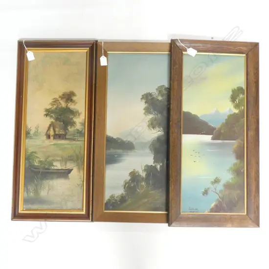 3 COLONIAL LANDSCAPE OILS; PAUL WREN 'LAKE BRUNNER', DE RITZ 'MAORI WHARE' + RUAHINE RANGES UNSIGNED 580x230mm 