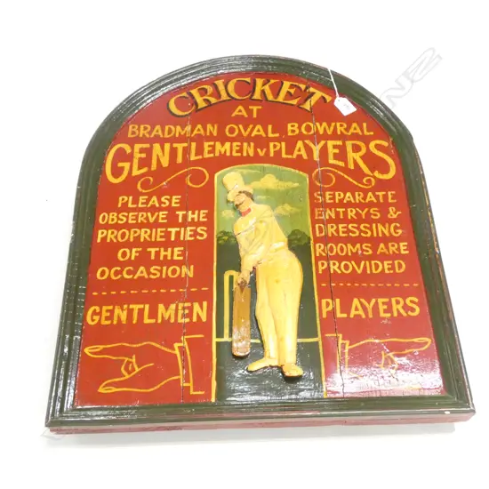 OLD PAINTED WOODEN SIGN 'CRICKET AT BRADMAN OVAL BOWRAL GENTLEMEN V PLAYERS ETC..610 X 500MM
