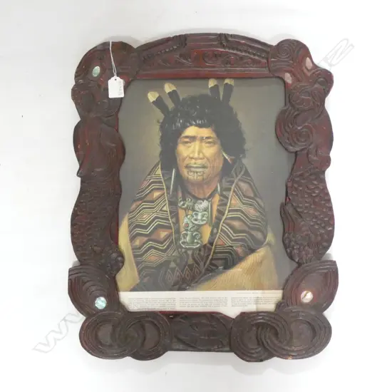 CARVED MAORI FRAME w. LINDAUER PRINT 600x450mm