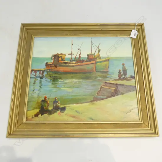 UNSIGNED OIL ON BOARD, FISHING BOATS AND FISHERMEN