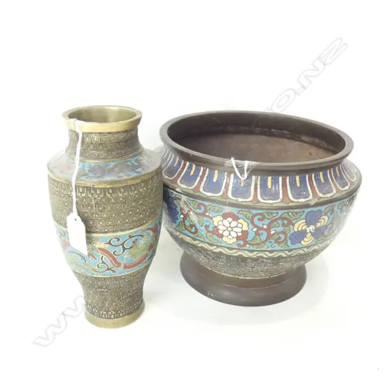 LG BRASS & ENAMEL VASE (H220MM) & JARDINIERE (DIA 240MM)