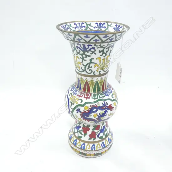 CHINESE CLOISONNE VASE WHITE GROUND W DRAGONS