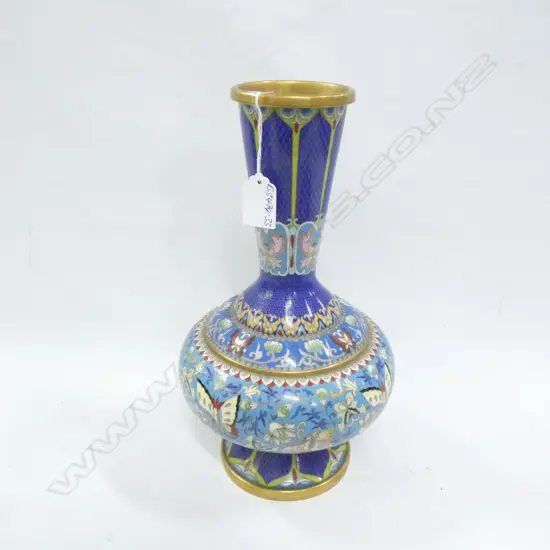CHINESE CLOISONNE VASE BLUE W BUTTERFLIES