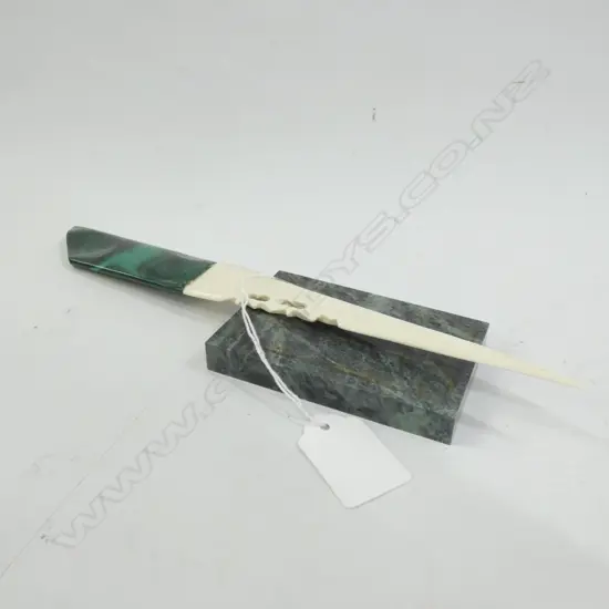 BONE AND MALICHITE PAPER KNIFE + GREEN STONE BLOCK