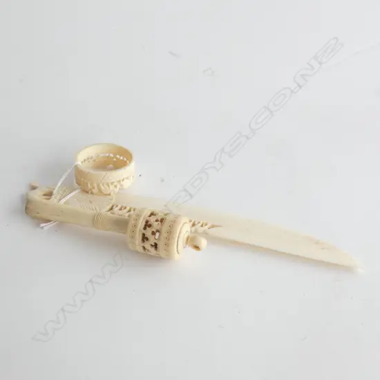 3 ORIENTAL BONE CARVED ITEMS; 18 CENTURY BABY'S RATTLE &LETTER OPENER & NAPKIN RING