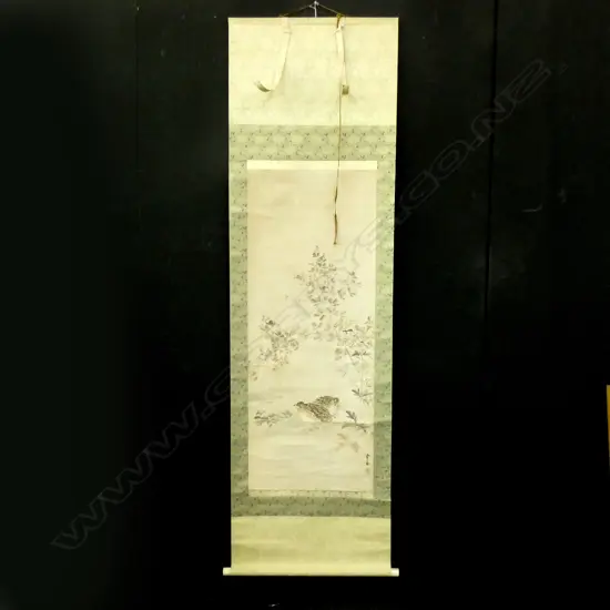 SCROLL PAINTING OF TWO QUAIL BENEATH FLOWERING BRANCHES ...