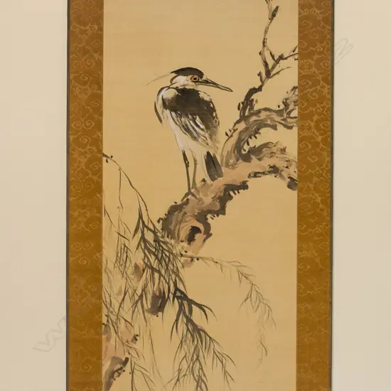 SCROLL PAINTING OF A EGRET PERCHED IN AN ANCIENT WILLOW ...