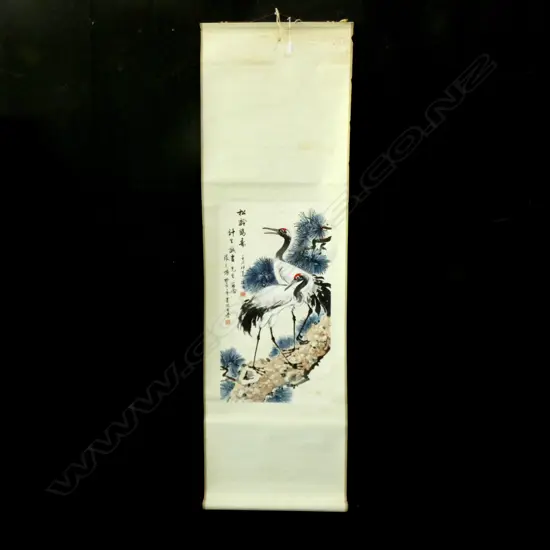 CHINESE INK SCROLL PAINTING - IBIS w BLUE & PINK FOLIAGE  370 x 685MM