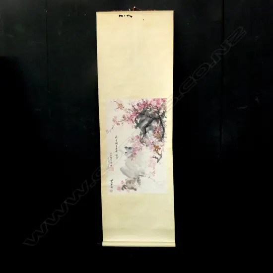 CHINESE INK SCROLL PAINTING - PINK BLOSSOMS & BIRDS 425 X 670MM