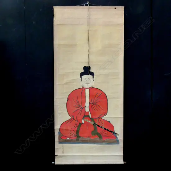 ORIENTAL SCROLL  IMAGE OF A SHINTO PRIEST HOLDING SHAKU, WEARING RED ROBE AND TACHI SWORD...