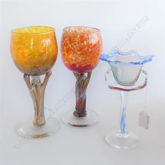 HAND BLOWN WINE GLASSES; PR LYNDEN OVER (H 207MM) & ONE VIESNIK (H 170MM) - ALL SIGNED & DATED