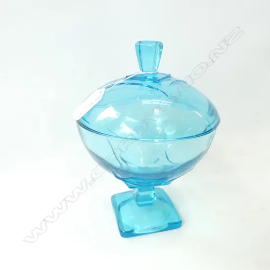 BLUE ART DECO GLASS LIDDED CANDY JAR H. 220MM