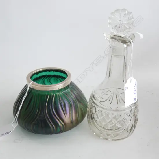 VINTAGE LOETZ(?) IRIDESCENT GREEN GLASS VASE STG SILVER RIM C1904 DIA 115MM) & PRESSED GLASS SCENT BOTTLE (H180MM)