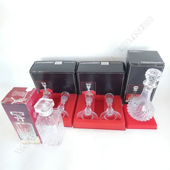 CRISTAL D'QRQUES; 2 PR CANDLE HOLDERS / CARAFE & DECANTER - ALL IN ORIGINAL BOXES