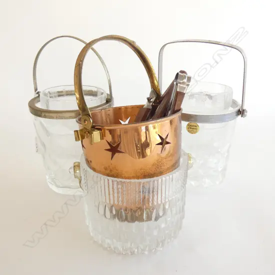 4 VINTAGE ICE BUCKETS + 4 GLASSES & 4BAR TOOLS